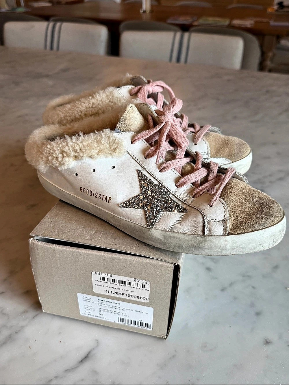 Golden Goose Super-Star Sabot Shearling Sneakers White & Gold EU 39